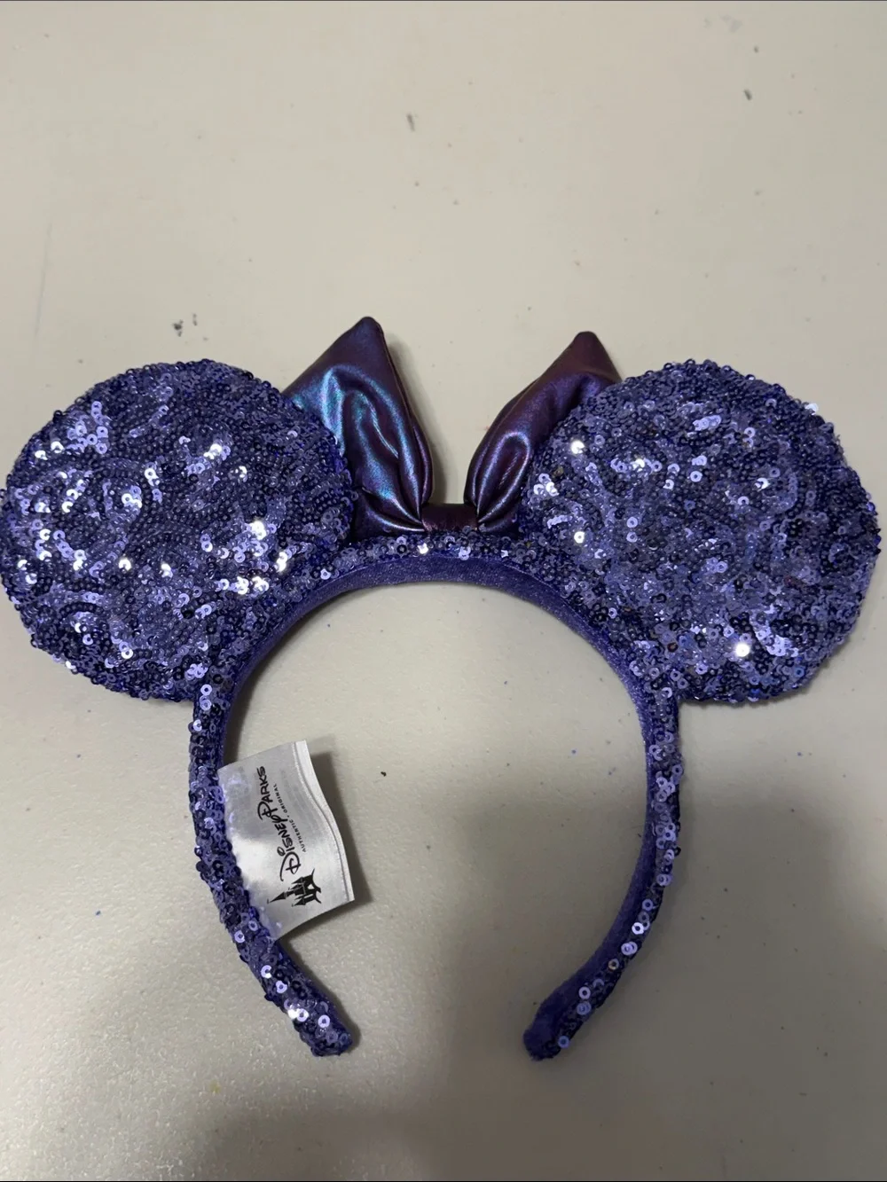 Disney Purple Sequin Minnie Ear Headband with Iridescent Bow